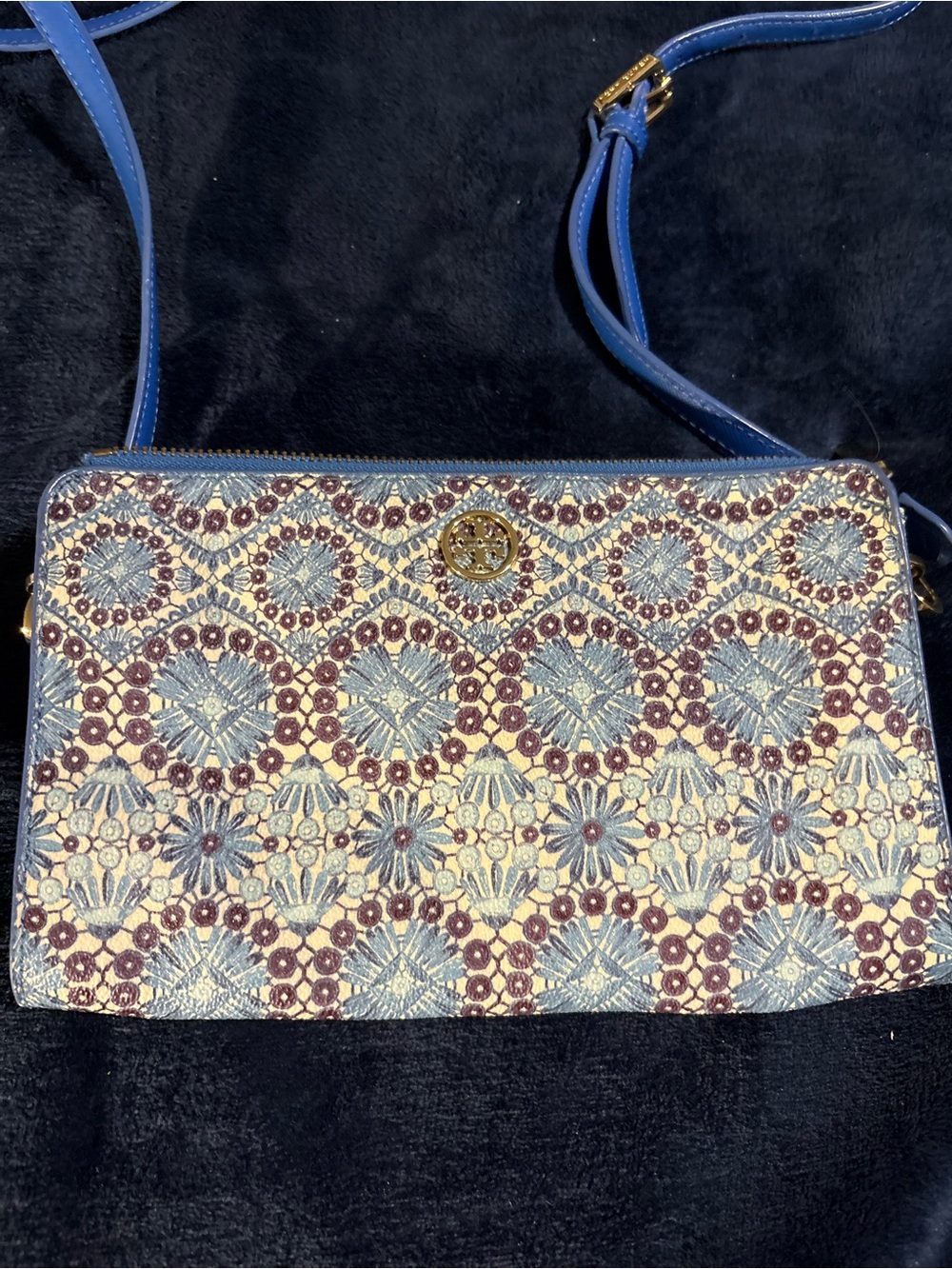 SOLD!!!!!!  Blue and Cream Floral Crossbody Bag with Gold Logo Accent